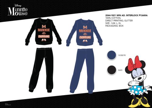 Pyjama en interlock de coton d'hiver pour femme - Disney Minnie Mouse - avec inscription Minnie Everything - noir - M