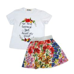   Ensemble d'été imprimé fleurs pour filles - ensemble en coton - blanc à fleurs - 128