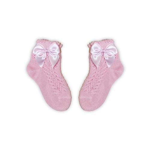 Chaussettes bébé fille 100% coton avec partie supérieure crochetée - décorée d'un nœud - rose - 14-15