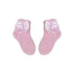   Chaussettes bébé fille 100% coton avec partie supérieure crochetée - décorée d'un nœud - rose - 20-21