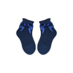  Chaussettes bébé fille 100% coton avec partie supérieure crochetée - décorée d'un nœud - bleu foncé - 14-15