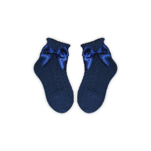 Chaussettes bébé fille 100% coton avec partie supérieure crochetée - décorée d'un nœud - bleu foncé - 14-15