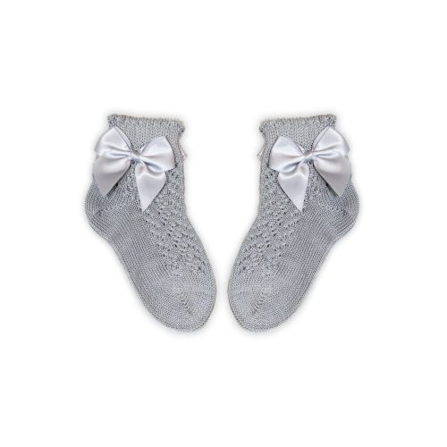 100% coton petite fille chaussettes bébé avec partie supérieure crochetée - décoration nœud - gris - 20-21